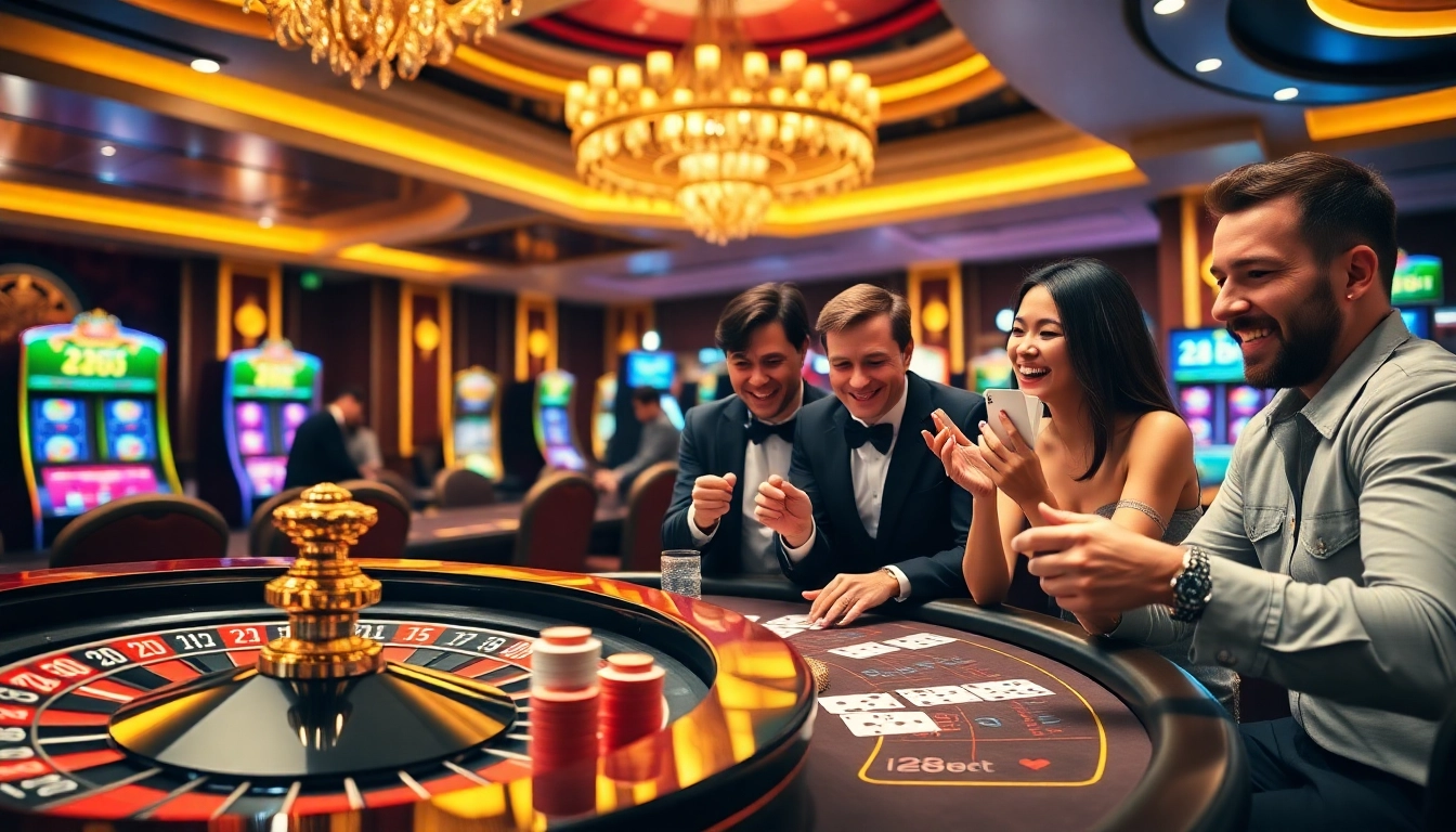 Gambling excitement at 28bet com with chips and roulette wheel in an upscale casino setting.