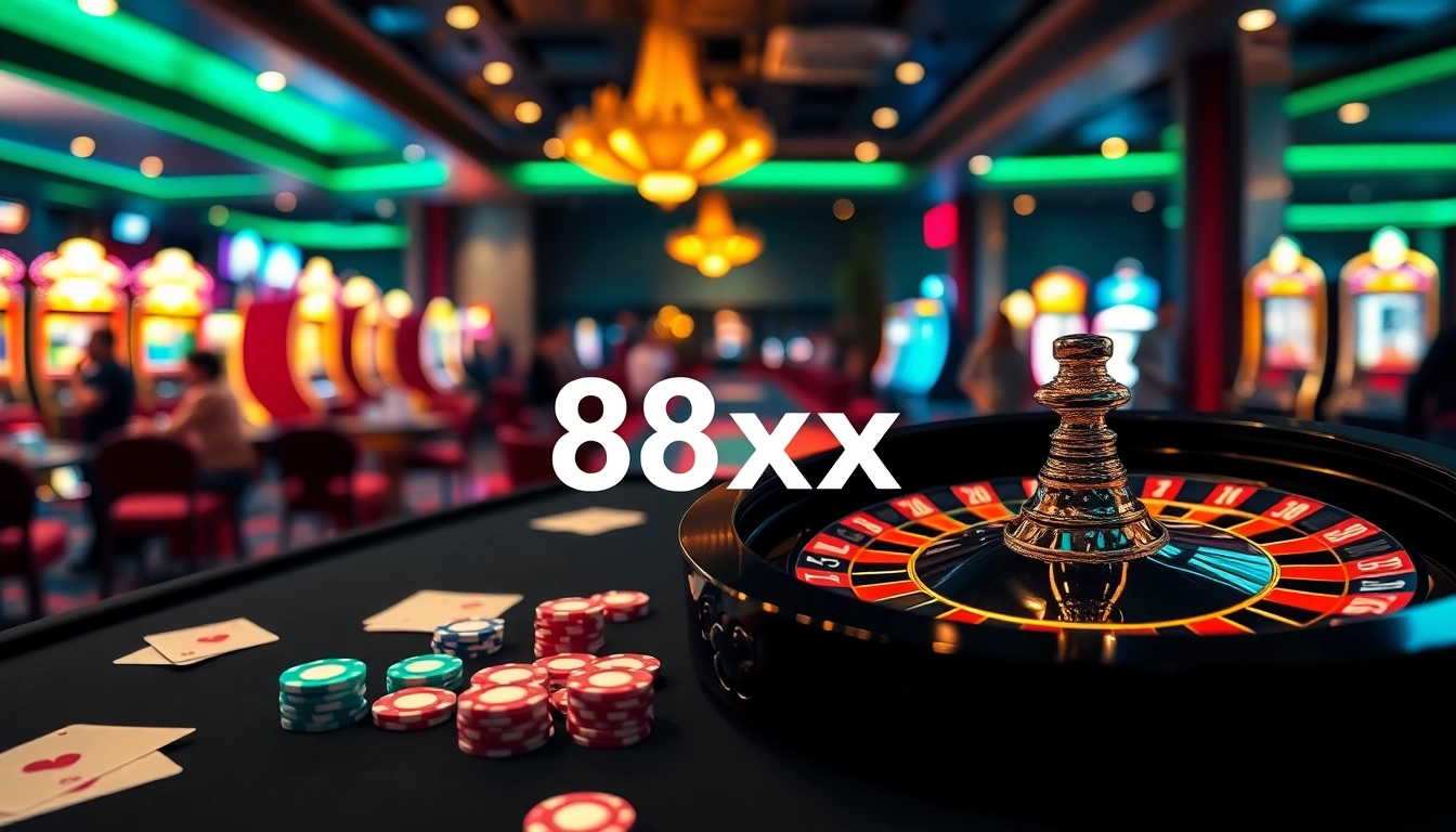 An exciting gaming scene at a casino featuring the 88xx logo on a poker table amidst vibrant gameplay.