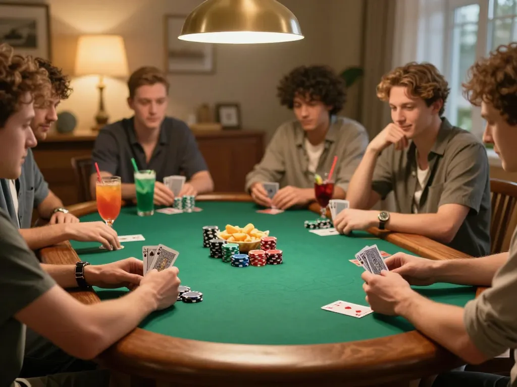 11win poker night atmosphere with friends enjoying card games and snacks at a cozy home table.