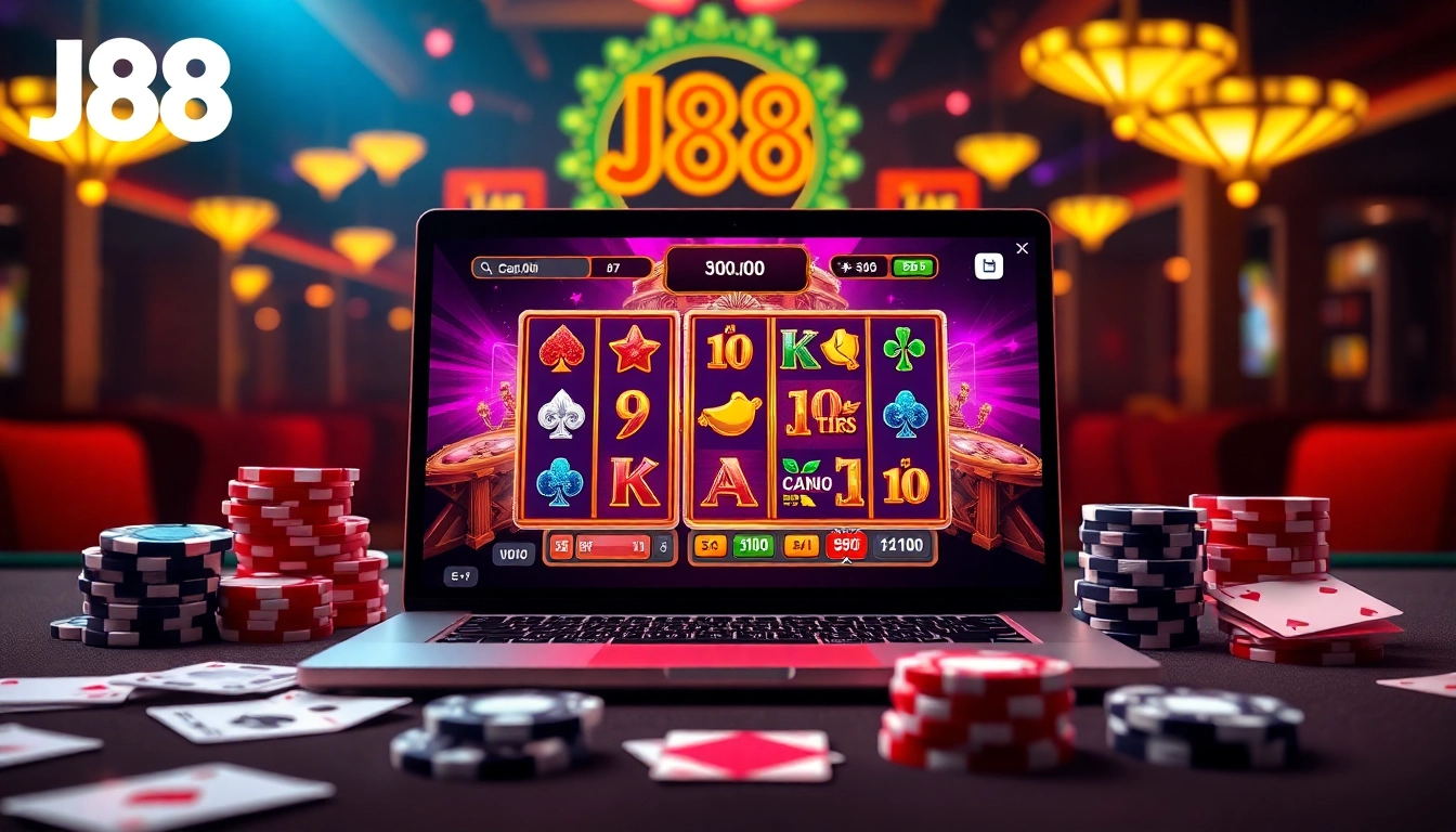 Engaging gamblers with the J88 online casino interface featuring chips, cards, and vibrant graphics.
