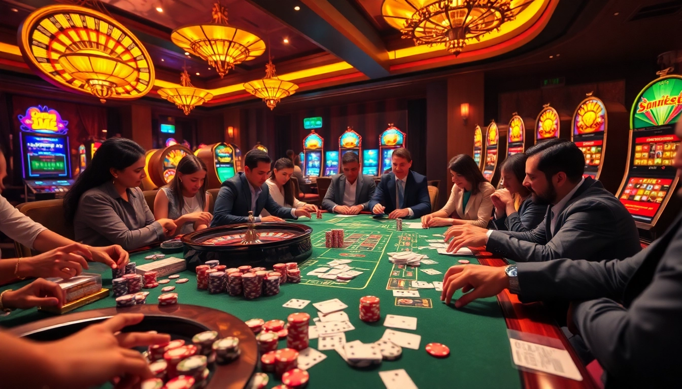 Experience the thrill of shbet with an engaging casino scene featuring poker, roulette, and vibrant slot machines.