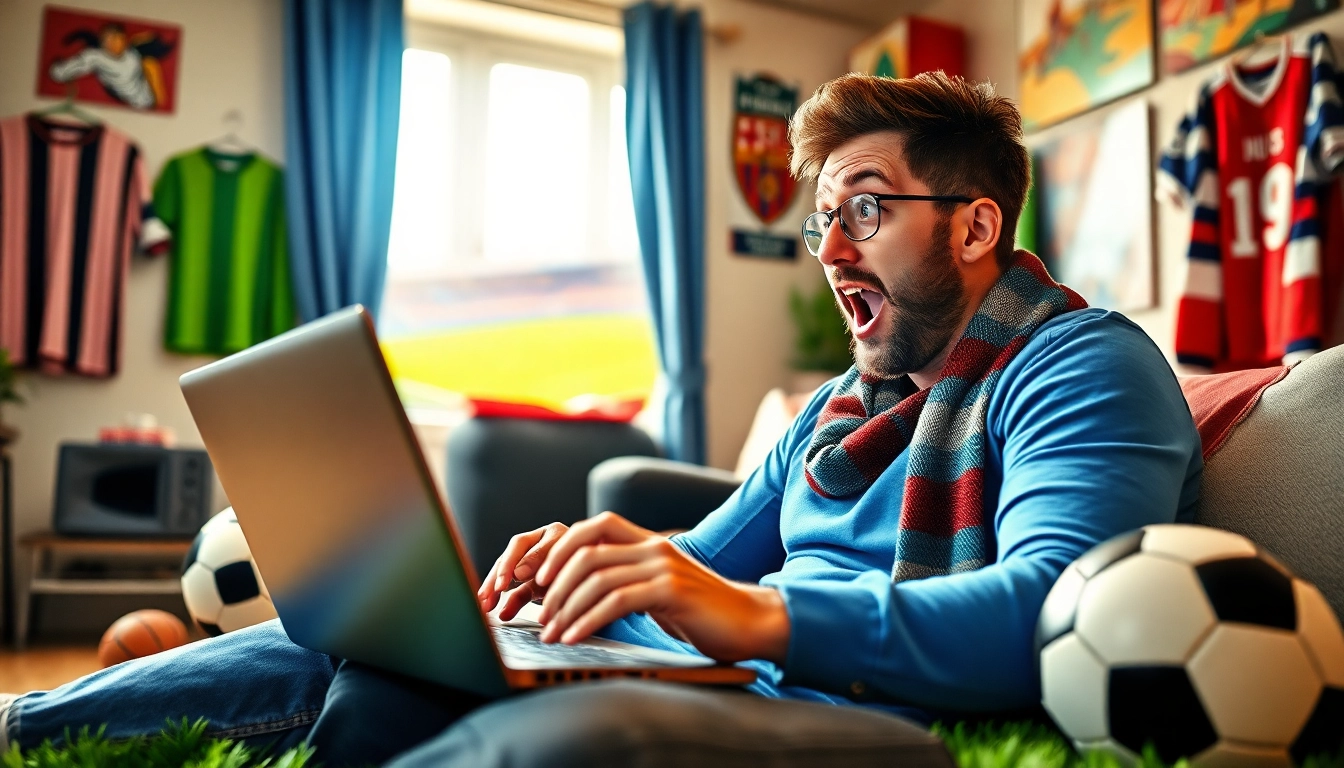 Socolive enhances live football viewing experience with a dedicated fan enjoying a match at home, surrounded by football memorabilia.
