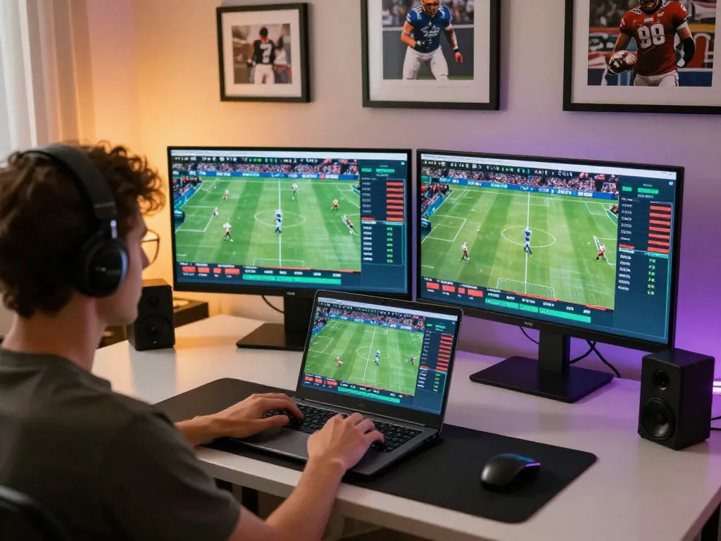 Person actively engaging in kèo nhà cái strategy on a laptop during sports betting
