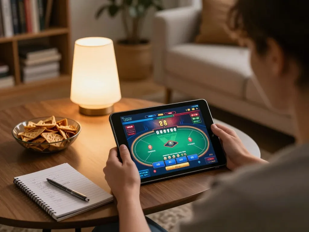 Enjoying online gambling on bgd33online, vibrant poker game on tablet in cozy home setting
