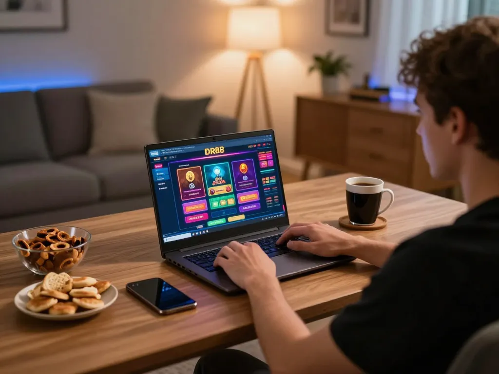 Player engaging with DR88 online casino on laptop, showcasing modern gaming atmosphere.