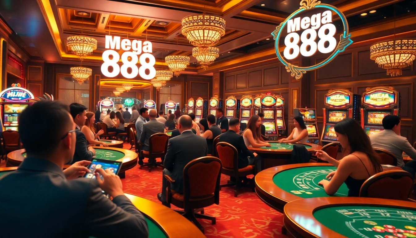 Experience the excitement of Mega 888 APK gaming with vibrant casino visuals and engaged players.