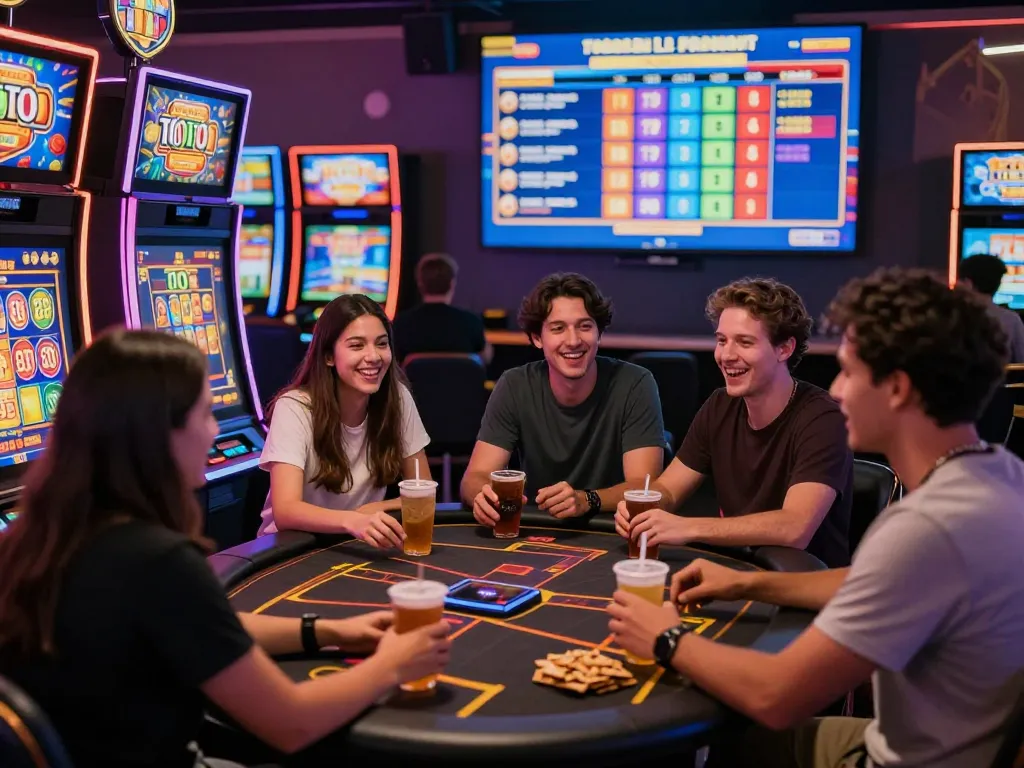Engaged players enjoying KDTOTO online slot games in a vibrant casino.