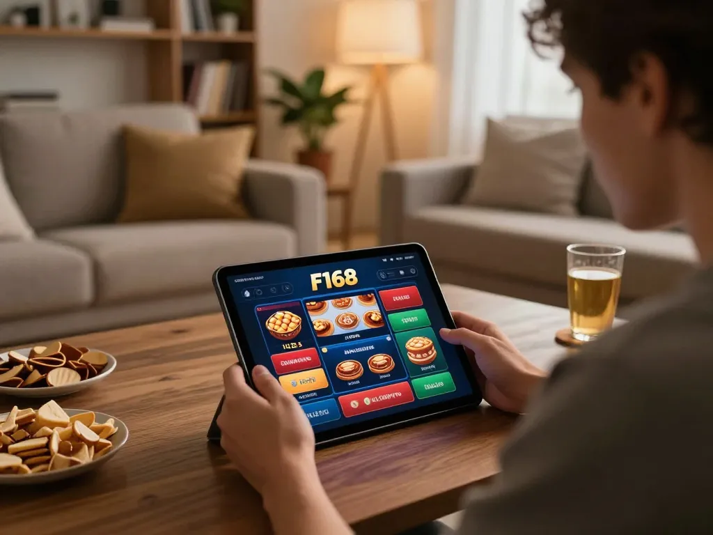 Engaging with the f168 casino app on a tablet in a cozy home setup, reflecting casual online gaming.