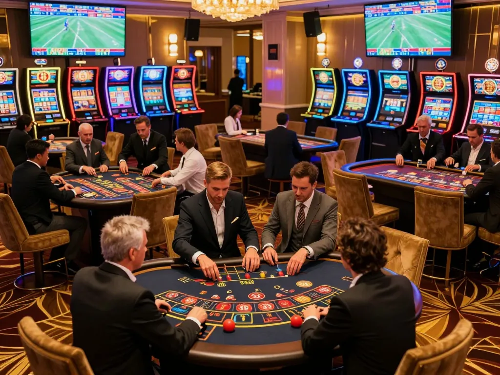 FABET players strategizing and betting at luxurious casino tables, vivid atmosphere captured
