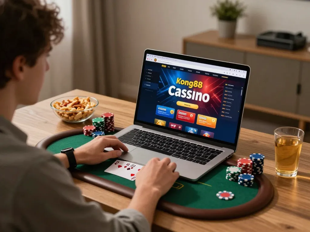 Engaged player enjoying strategic online gaming on kong88 platform with poker interface displayed.