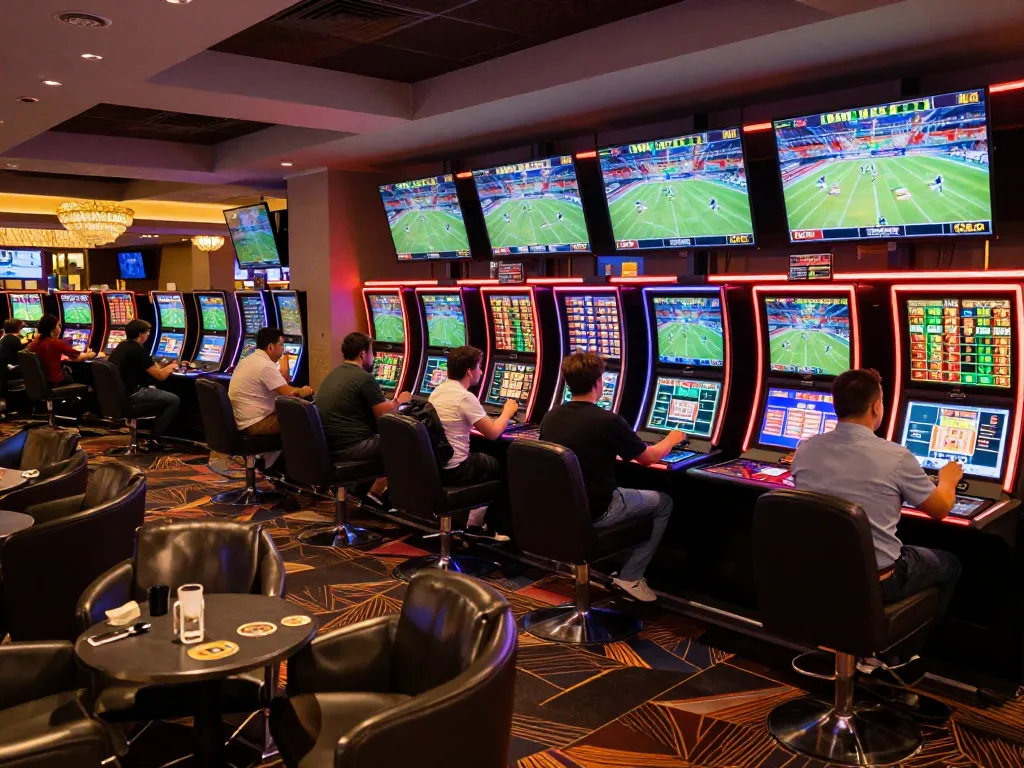 Okwintv users enthusiastically engaging in sports betting, analyzing odds, and placing wagers in a vibrant casino.