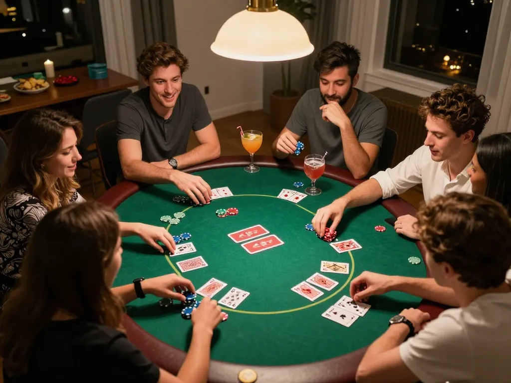 Engaged friends enjoy a poker game at home, showcasing 789p strategies in a lively atmosphere.