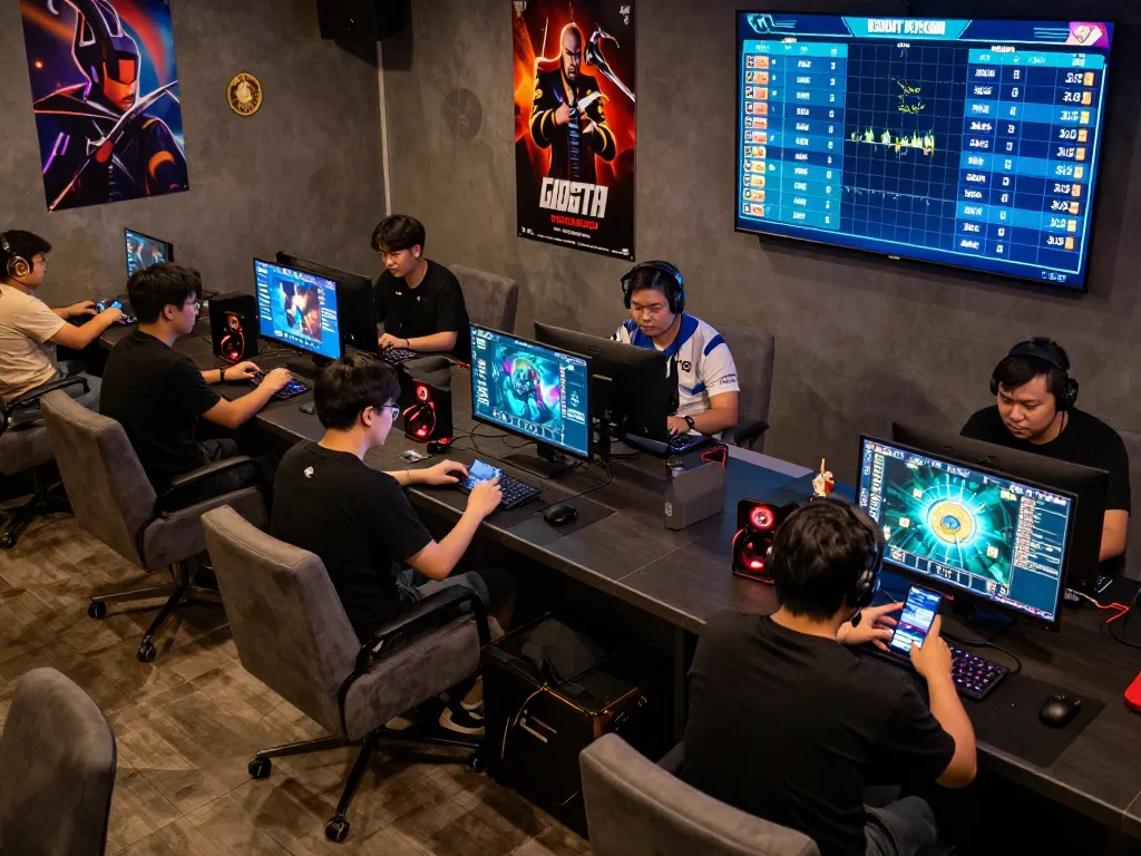 Participants engaged in esports betting at TR88 VIP lounge with screens showing live stats and betting odds.