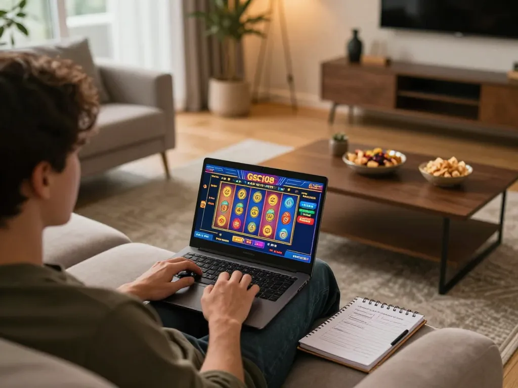 Berinteraksi dengan slot online Gsc108 dari pengaturan rumah yang nyaman, menampilkan strategi permainan dan relaksasi.
