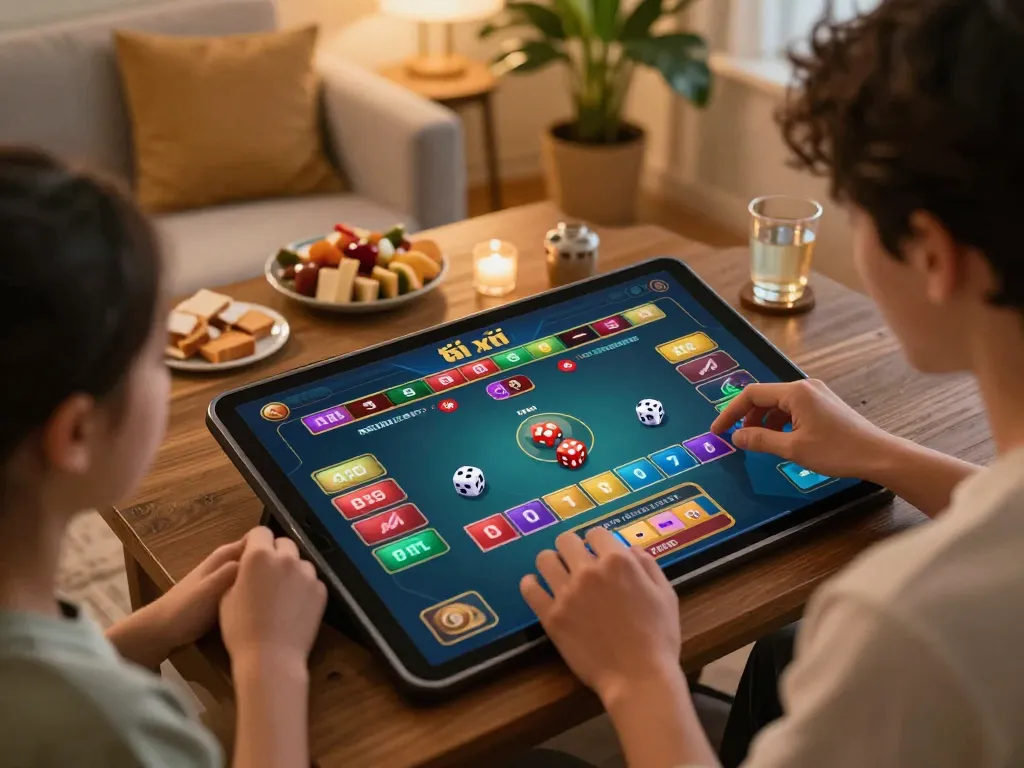 Engaging in a lively tài xỉu online game on a tablet while enjoying a cozy home atmosphere.