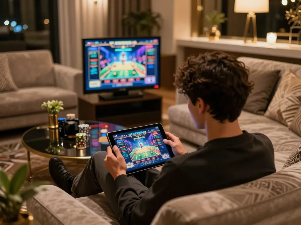 Engaging online gambler using a tablet to đăng nhập mu88 in a cozy home environment with stylish decor.