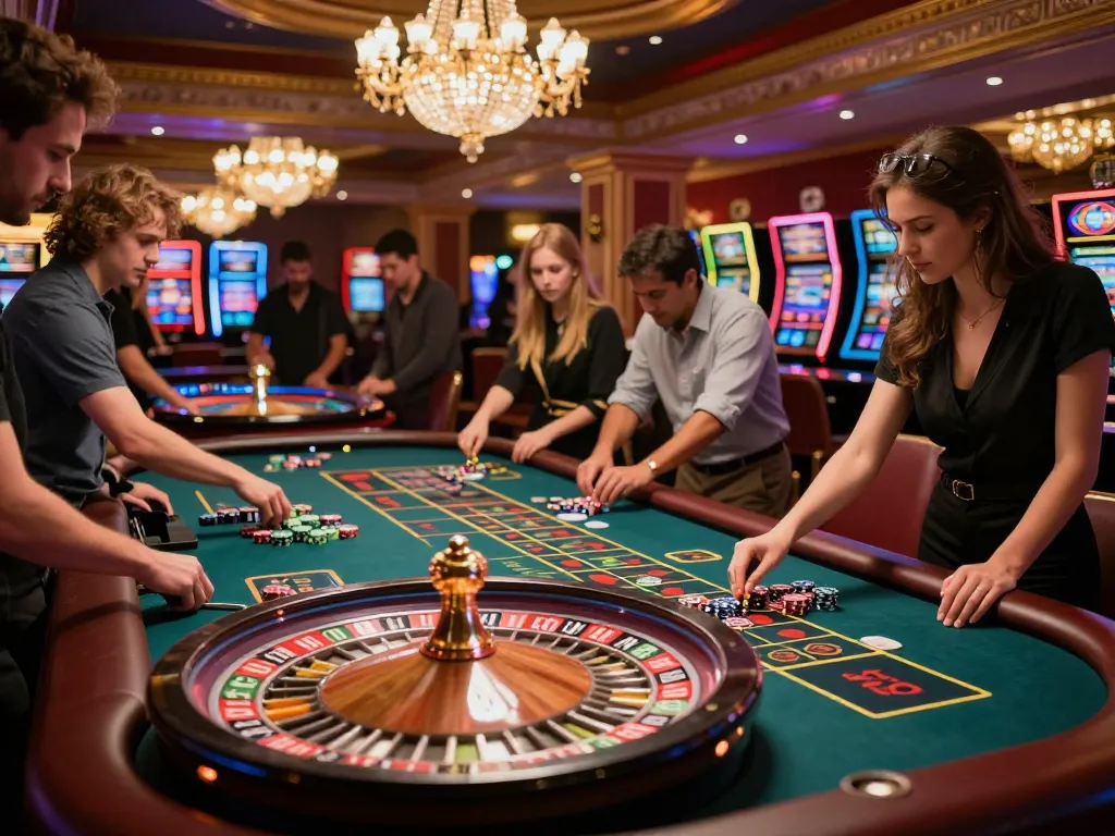 IWIN68 gamblers placing bets at luxury roulette tables with vibrant ambiance.