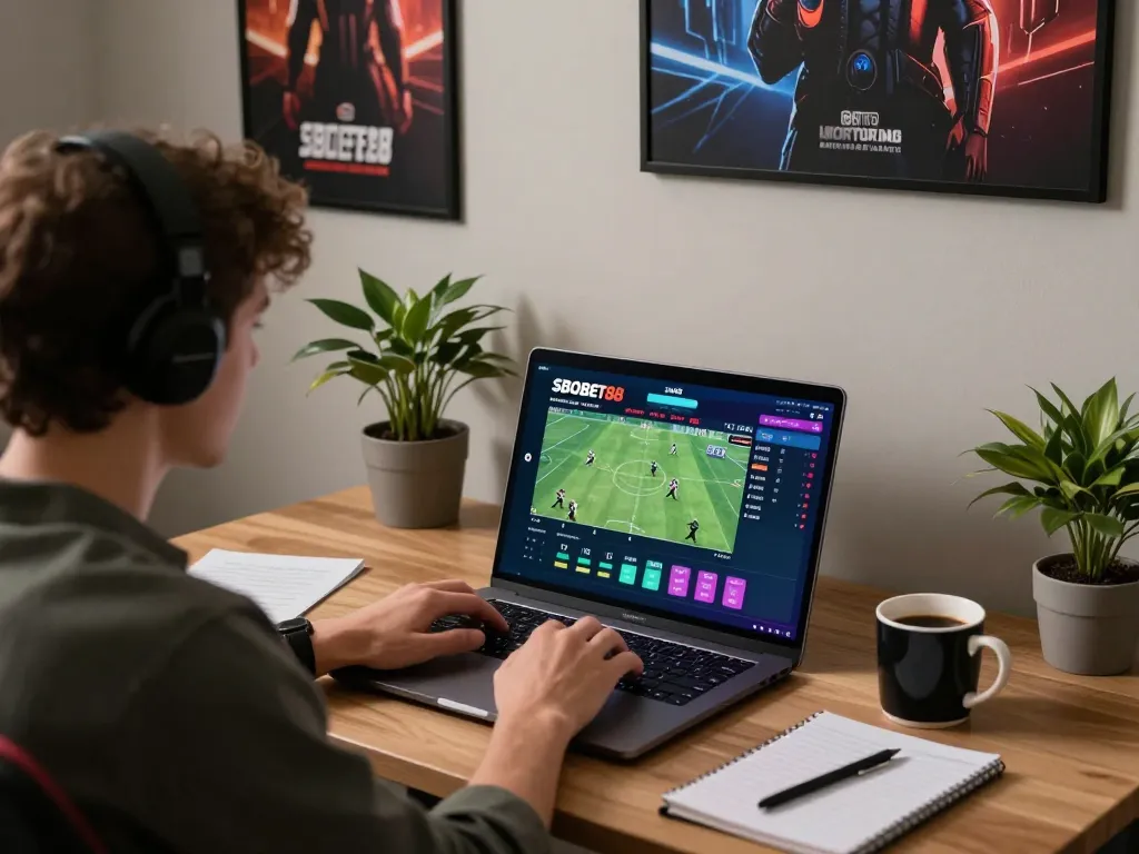 Antarmuka taruhan olahraga SBOBET88 di laptop yang menampilkan peluang langsung selama permainan.