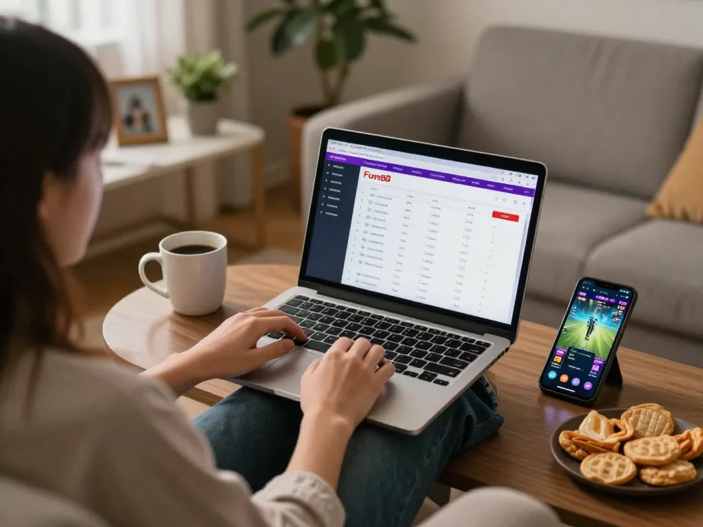 Person engaging with Fun88 online betting interface on laptop in a cozy home setting