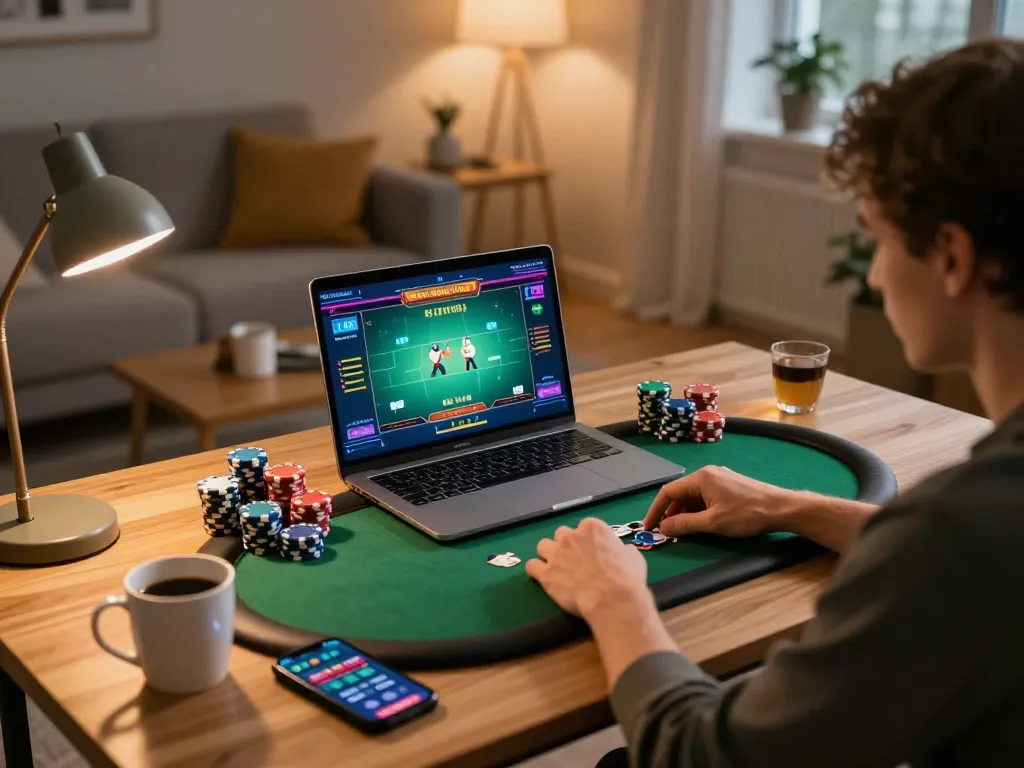 Bermain poker online di rumah, menampilkan creativeblogposts tentang pendekatan taruhan strategis.
