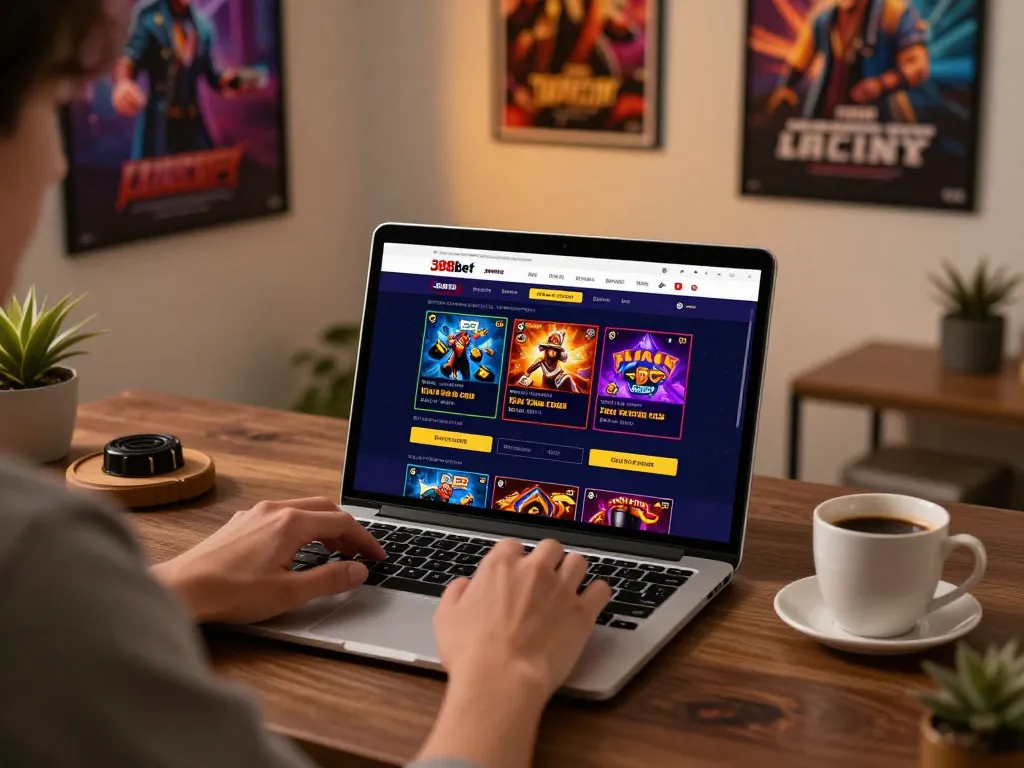 Engaging online gaming scene on 388bet platform with focused player using laptop.