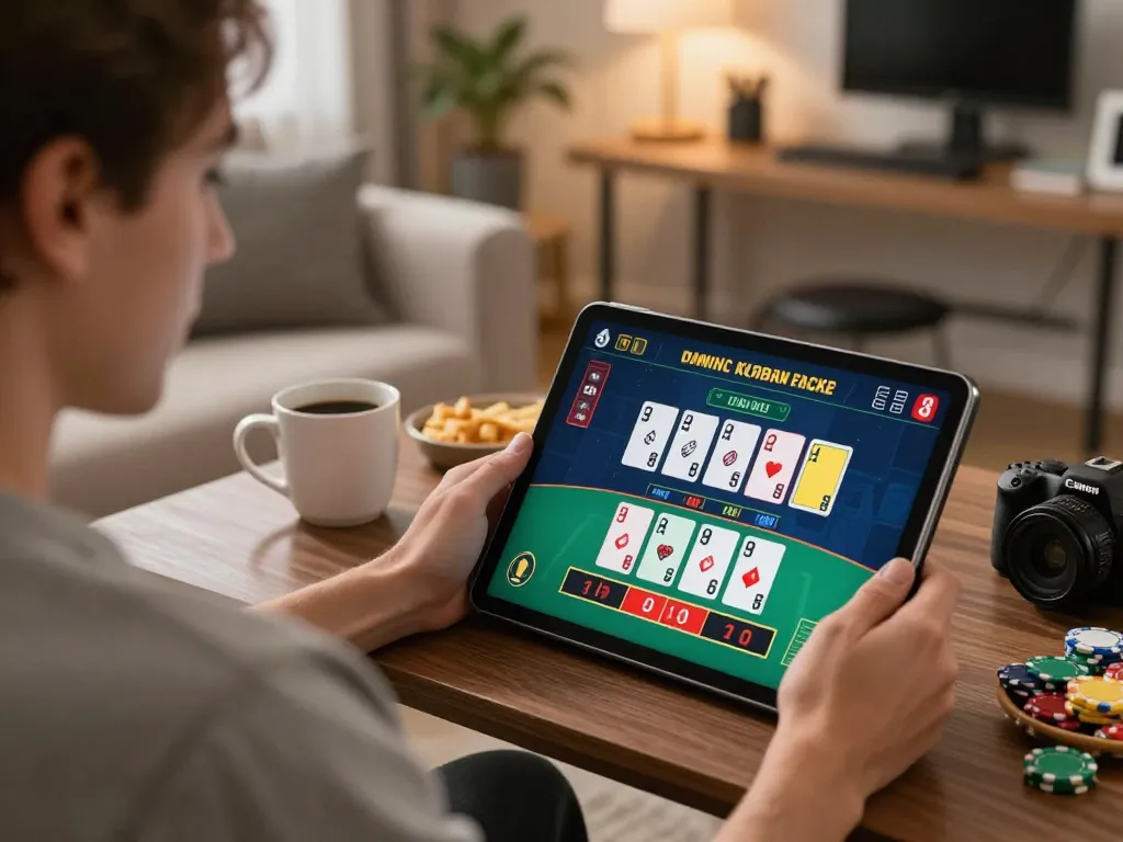 Player enjoying blackjack at home, showcasing the LV88 tablet interface in a cozy environment