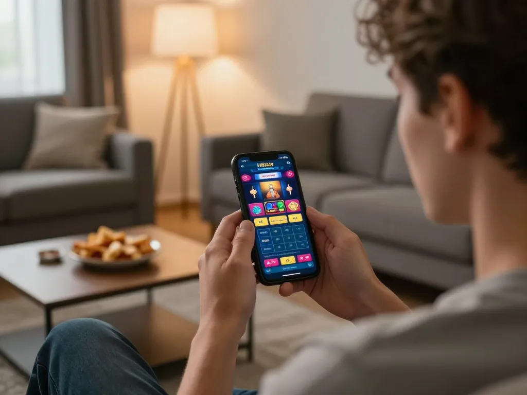 Engaging moment playing Hitclub casino games on smartphone in a cozy living room setting.