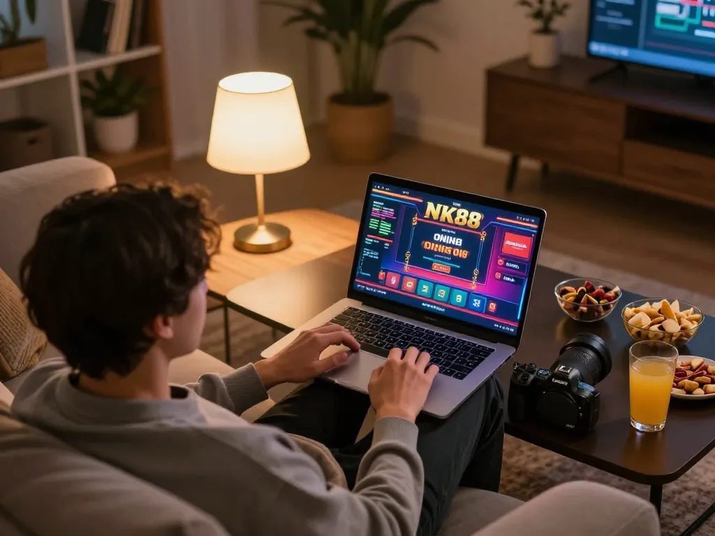 Person engaging with NK88 casino games on a laptop in a cozy home setting.