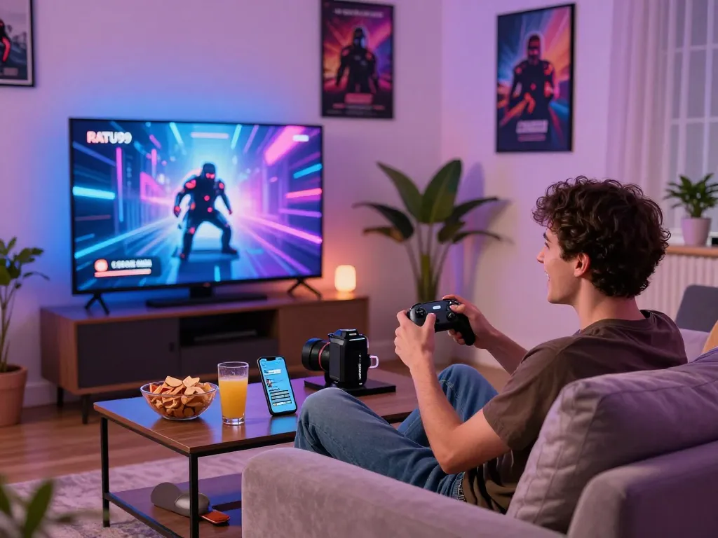 Engaging young adult playing RATU99 in a cozy living room with snacks and vibrant lighting.