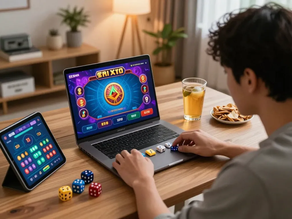 Engaging moment of a player using 555win for Tài Xỉu gaming in a cozy home office.