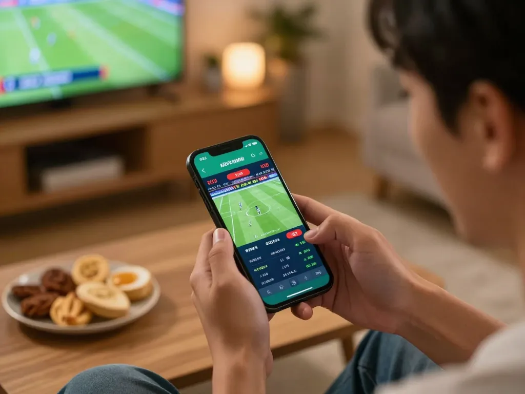 KÈO TRỰC TUYẾN betting excitement captured as a user places a bet on their smartphone in a cozy home
