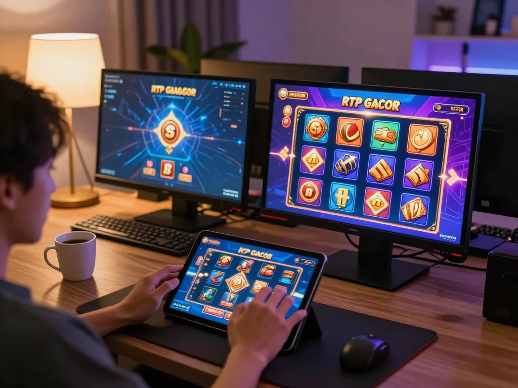 Engaging gameplay on RTP slot gacor games displayed on tablet in cozy home setup.