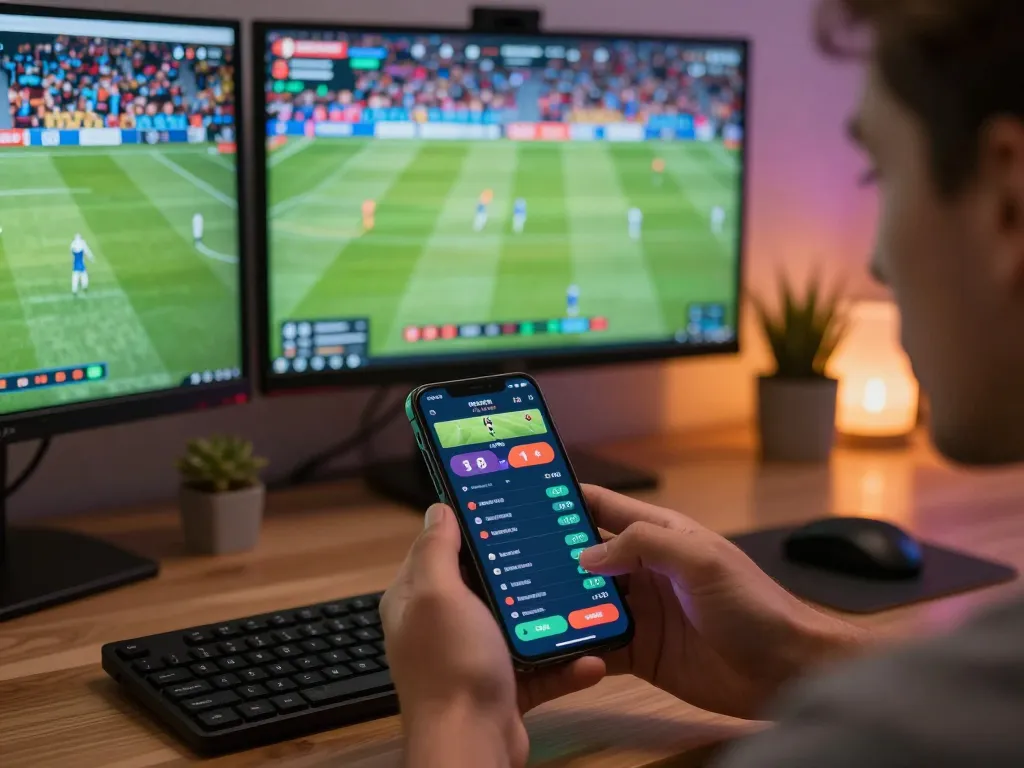 cm88 user placing live bets on football matches using smartphone in vibrant home setting