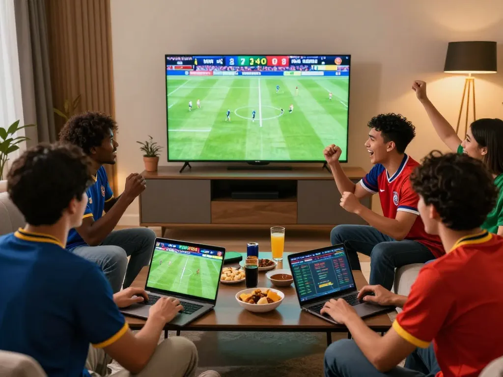 Friends enjoying judi bola betting while watching a football match in a lively home setting.