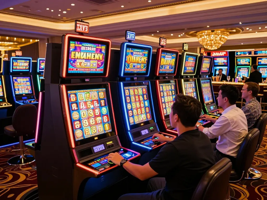 Players enjoying vibrant slot machines at blueskybuds casino, celebrating winnings in an energetic atmosphere.