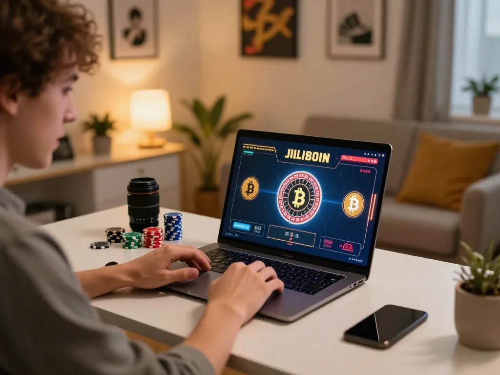 Play with bitcoin while enjoying an exciting online roulette game in a cozy home office setting.