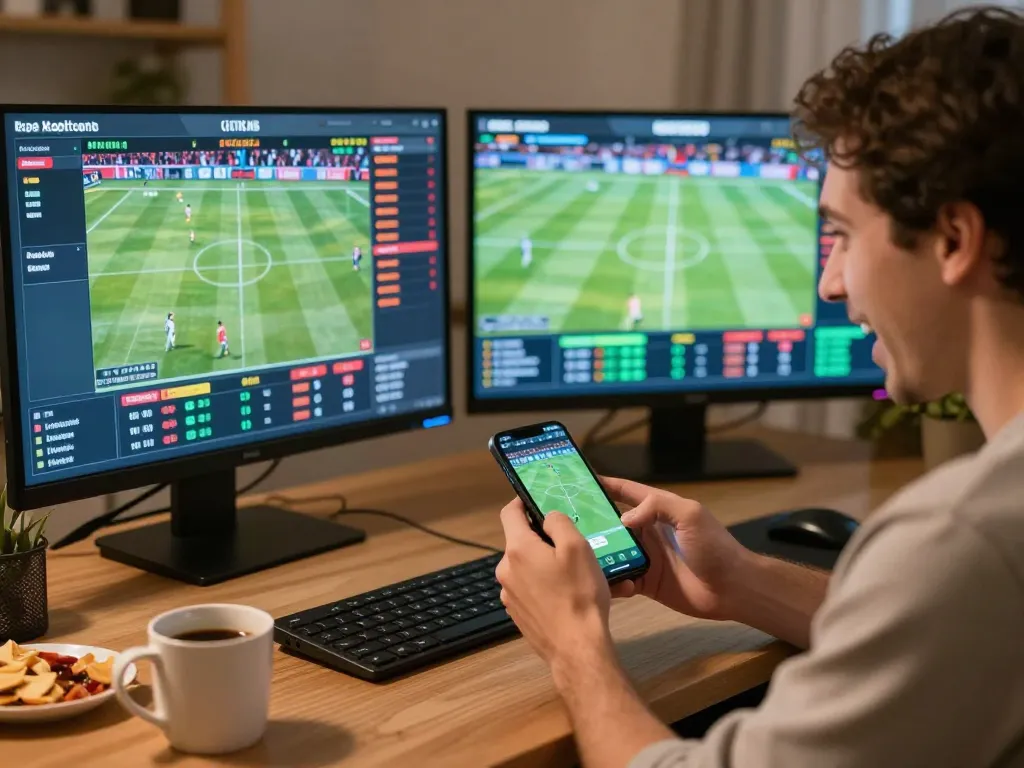 cm88 player strategizing bets on smartphone at home gaming setup with dynamic sports events displayed