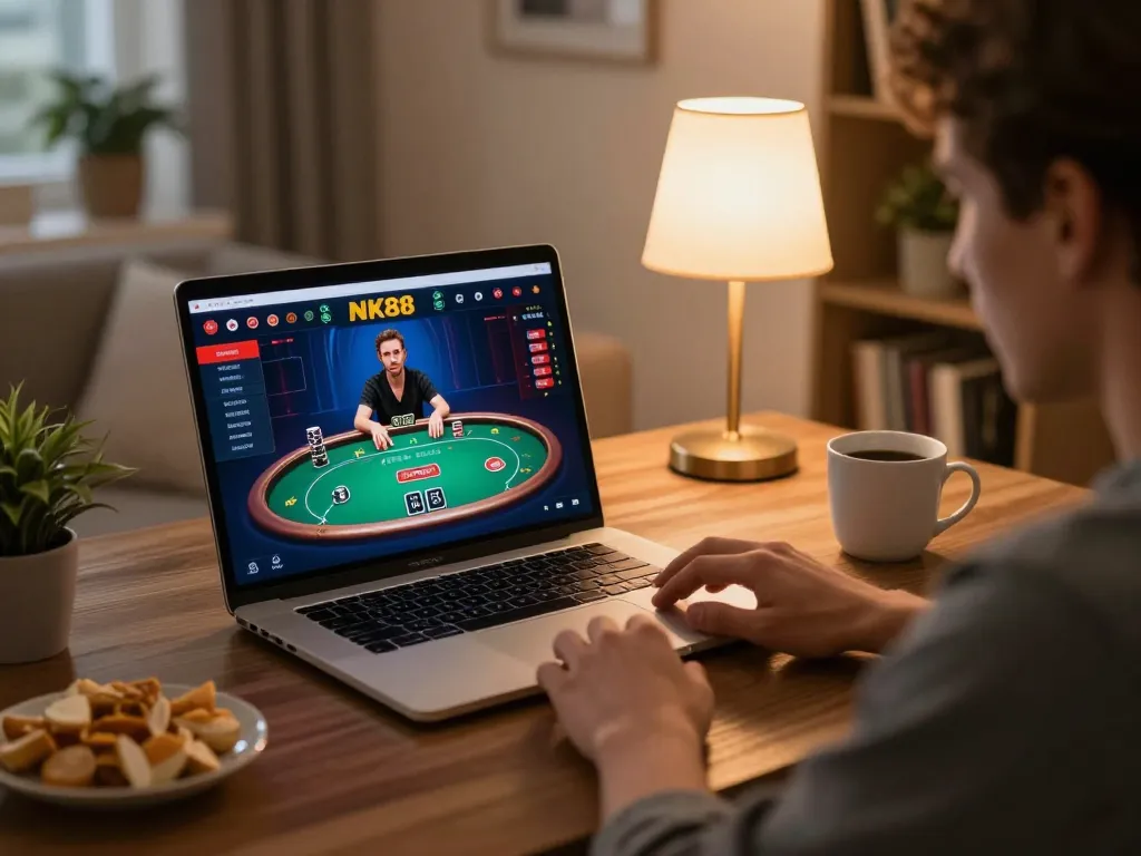 NK88 player engaging in online casino game on laptop in a cozy room setting