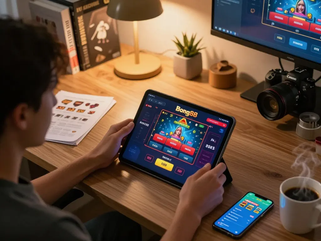 Bong88 user betting on live dealer games in a cozy home office setup, showcasing modern gambling.