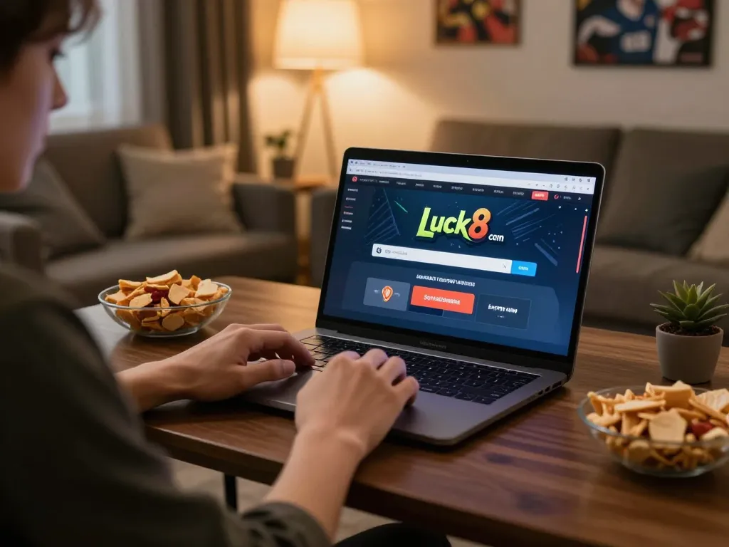 Person enjoying online gaming at Luck8 com in a comfortable home setting with snacks nearby.