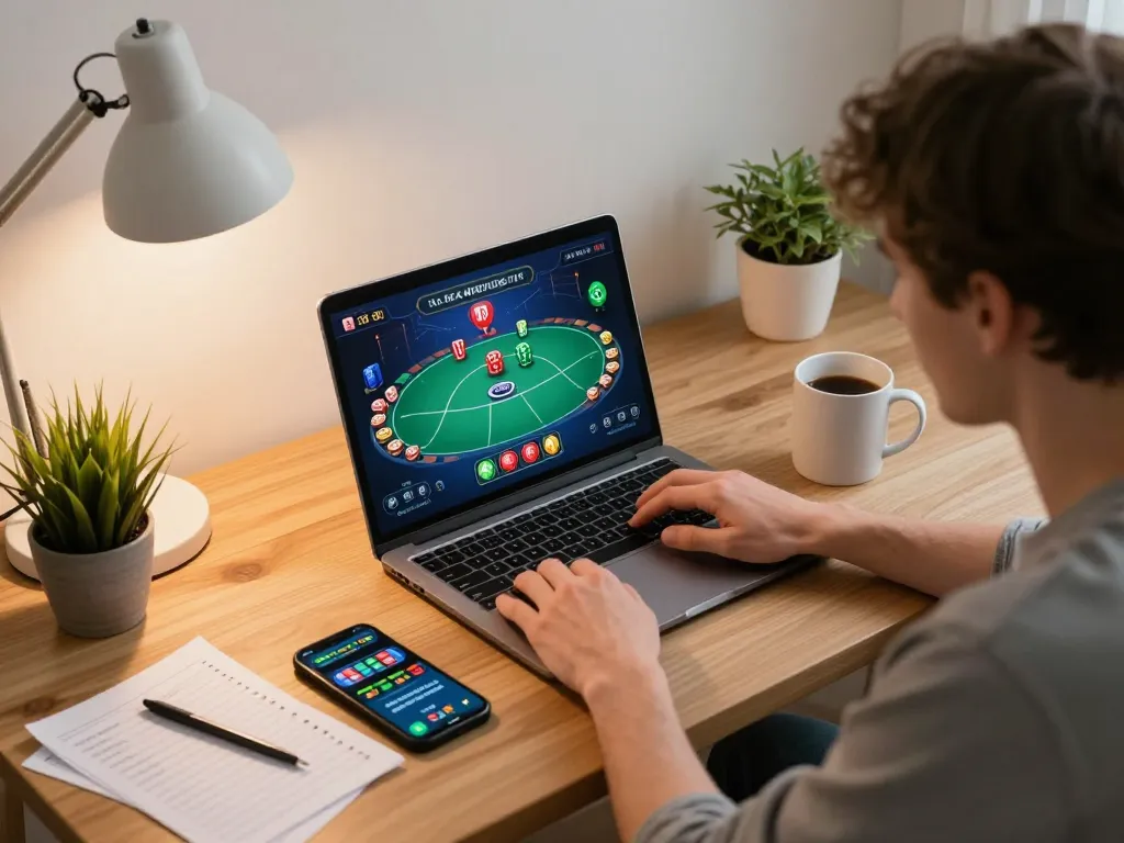 Engaged player using fabet online poker interface during a cozy home gaming session