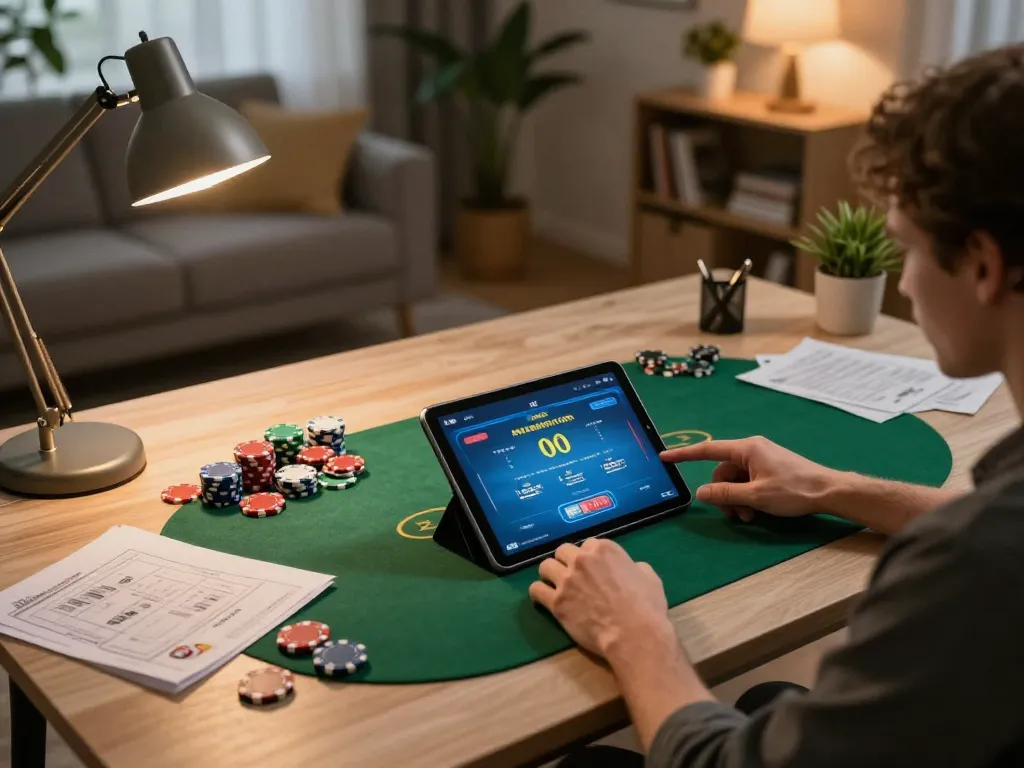 Real-time action of a player enjoying house edge strategies at nhà cái fun79 through a stylish tablet.
