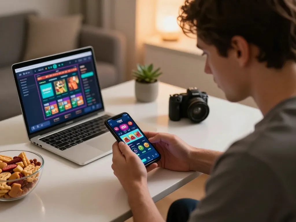 Player engaging with the 789f betting app in a stylish home setup, showcasing online gambling excitement.