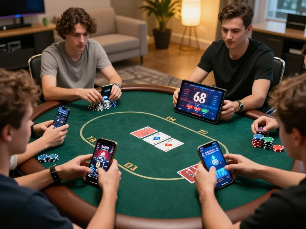 Players enjoying an online poker game on 68win with engaging gameplay and strategic moves in a relaxed home setting.