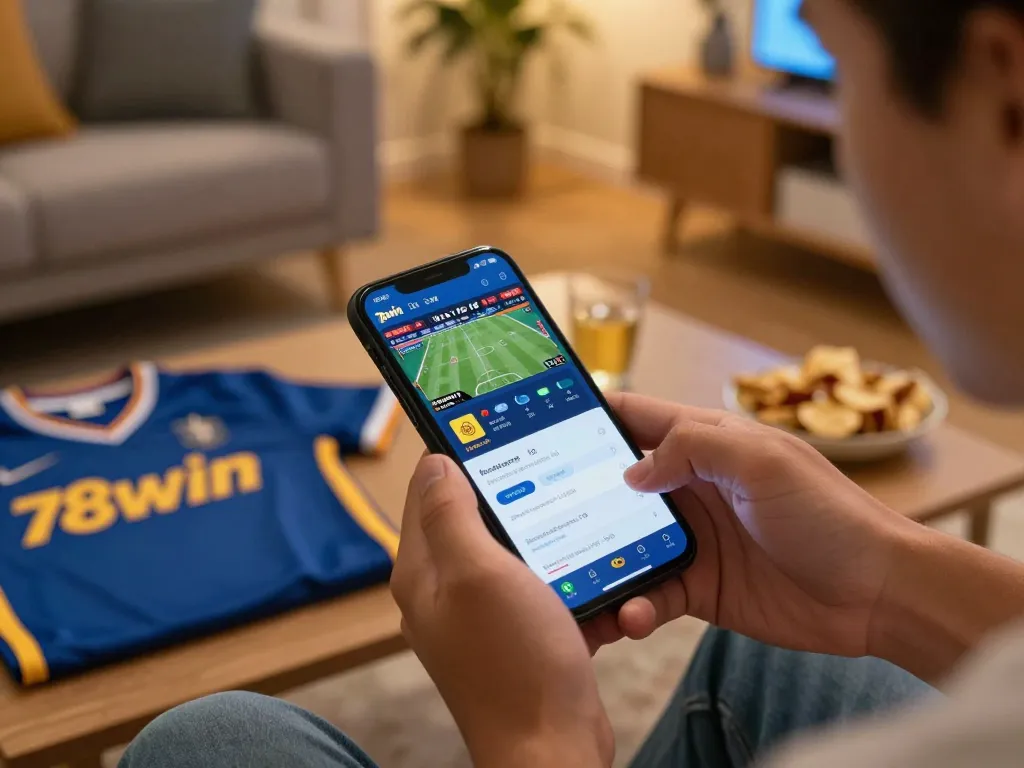Person engaging with 78win sports betting app on smartphone, enjoying an exciting home atmosphere