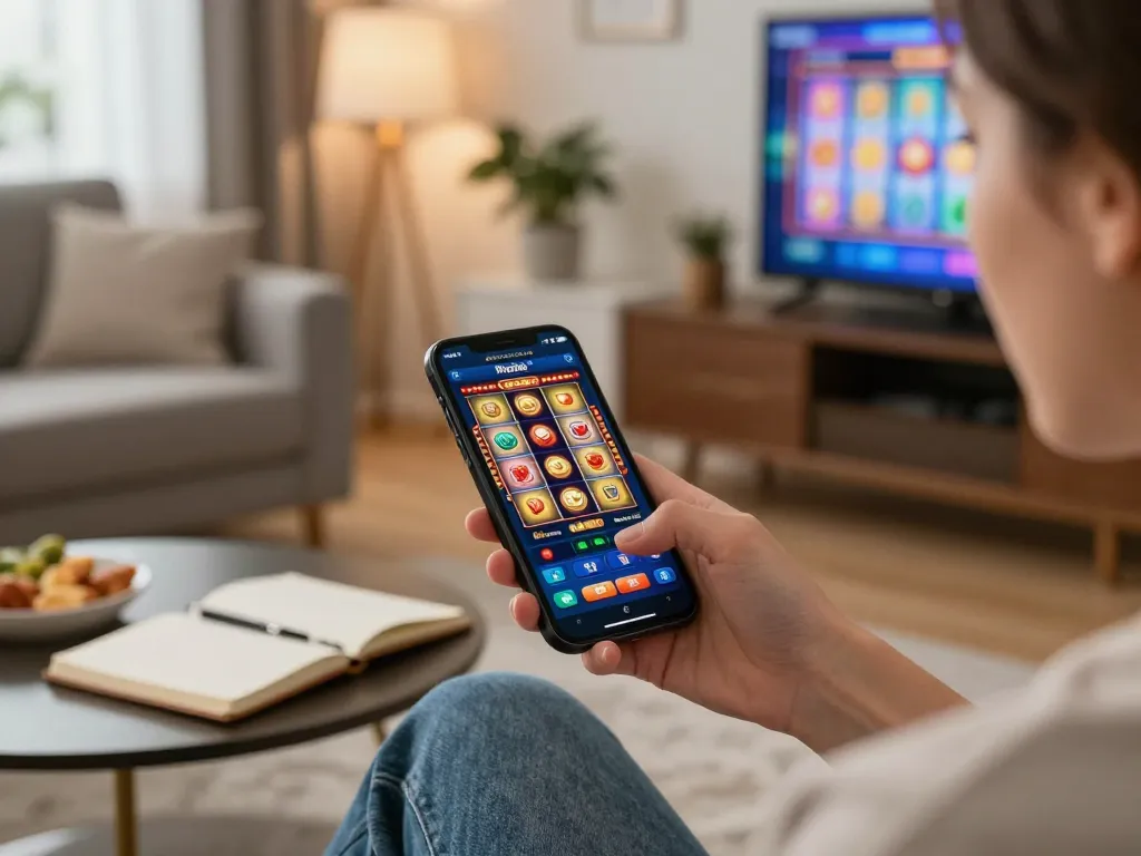 Playing on the trang chủ 789win casino app, engaging with vibrant slot game on a smartphone