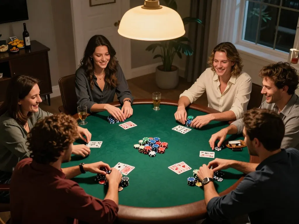 Exciting home poker night showcasing friends immersed in gameplay, emphasizing Alternatif Dewapoker strategy and social interaction.