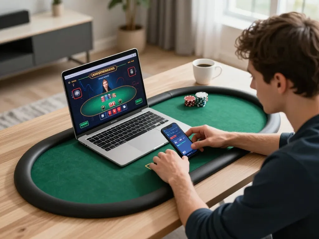 KUBET player engaging in online poker game on laptop, showcasing intense focus on gameplay.