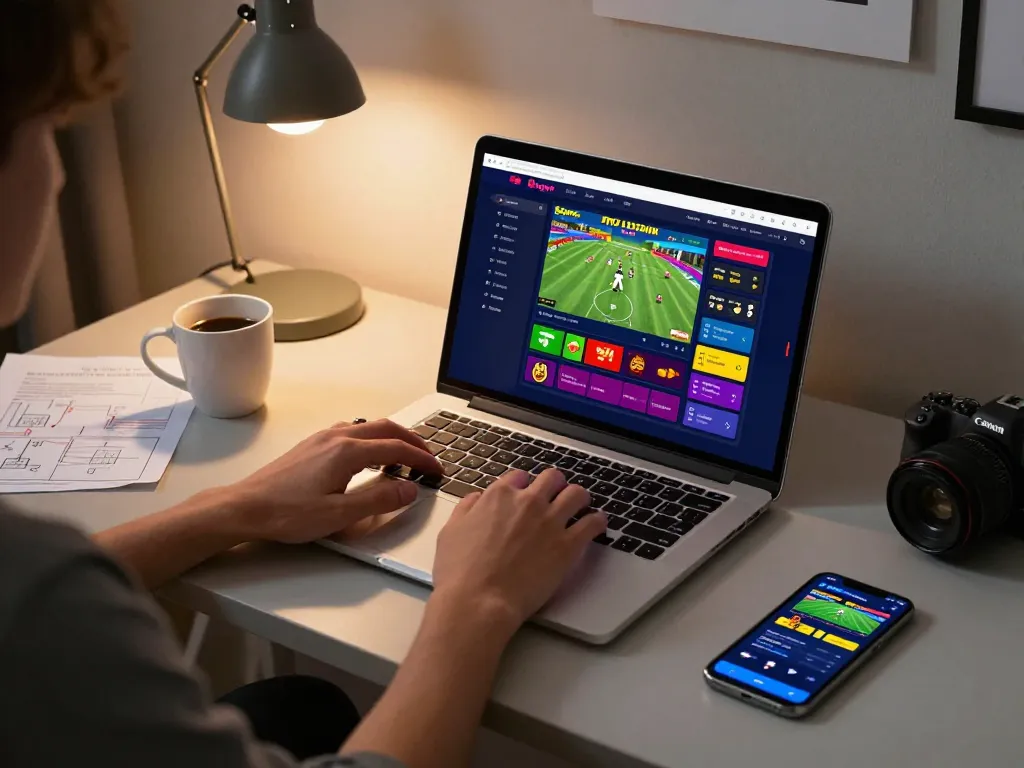 A person engaging with Bsport's online betting features on a laptop, highlighting responsible gaming in a cozy home setting.