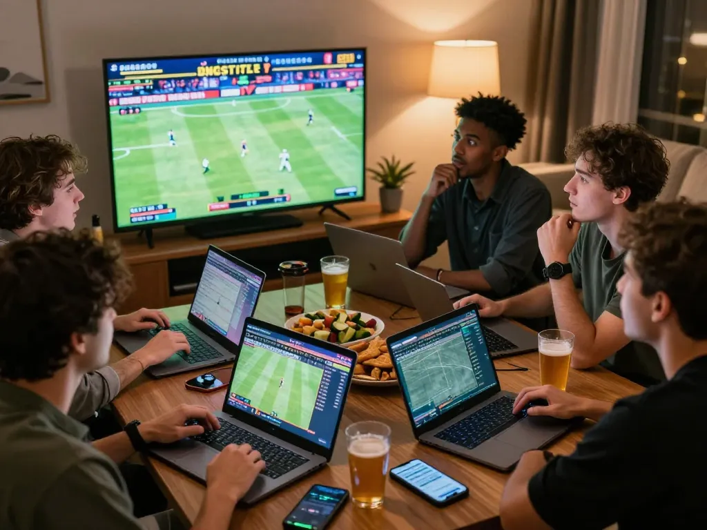 LIGA2000 sports betting excitement with friends analyzing live game odds and reactions.